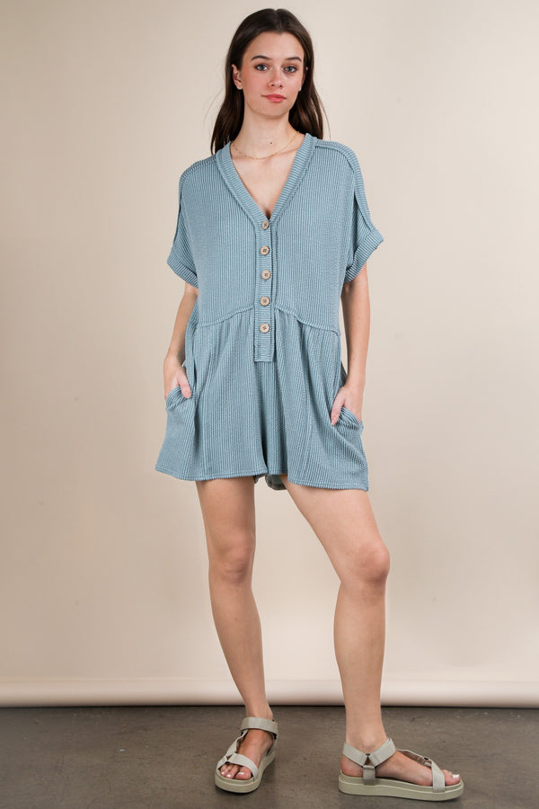 Two Tone Ribbed Knit Comfy Casual Romper in Sky