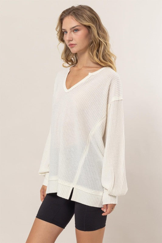 Brushed Waffle Notch Neck Top (Cream)