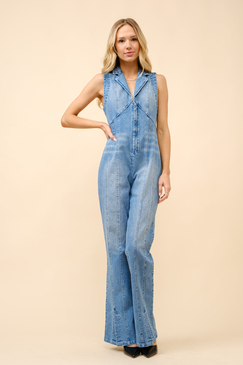 Collared Sleeveless Denim Jumpsuit