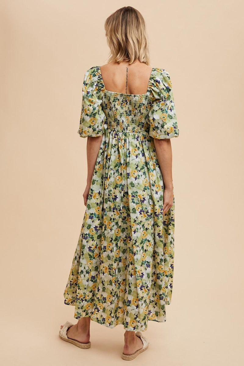 FLORAL COTTON MAXI DRESS in Fern- Final Sale