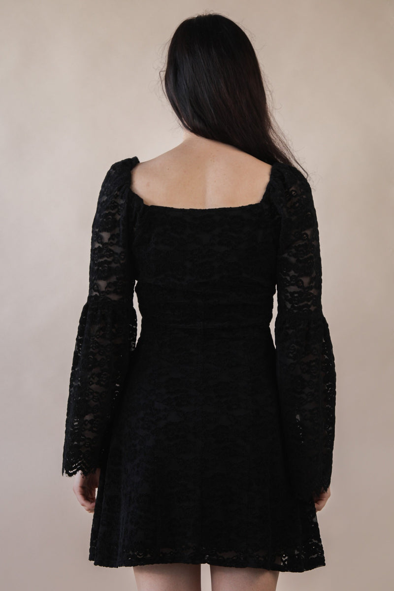 Black Textured Lace Bell Sleeve Mini Dress