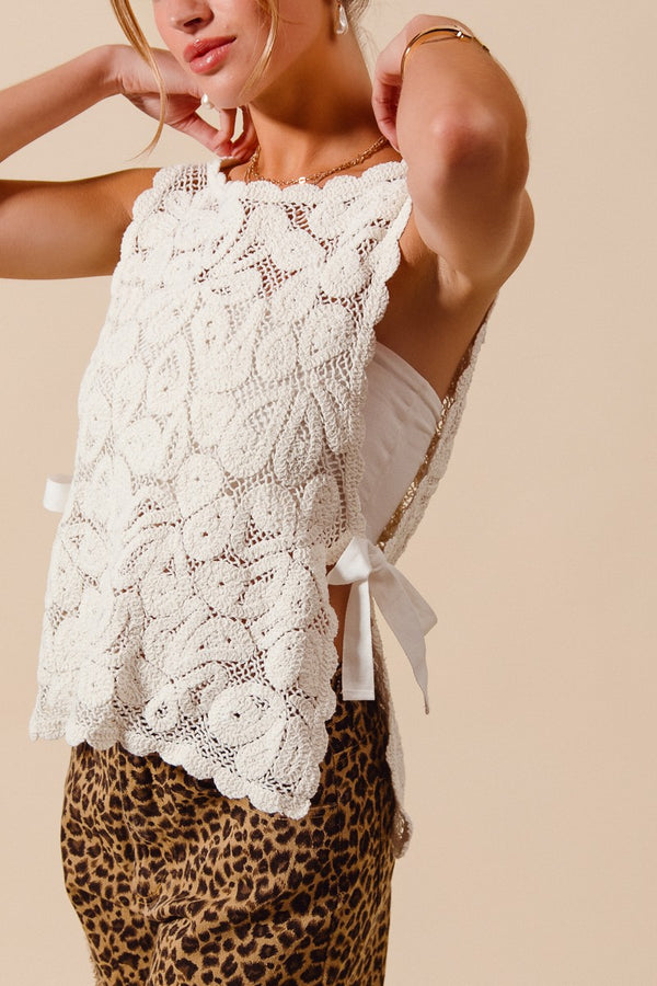 Floral Crochet Vest Top With Open Sides With Twill in White