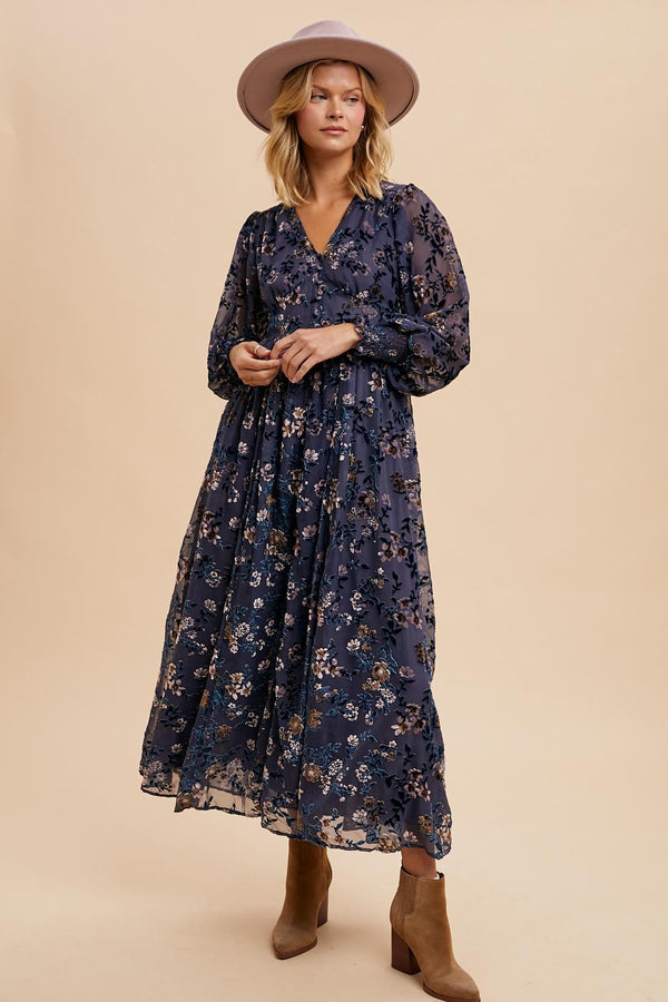 VELVET BURNOUT BUTTON DOWN MAXI DRESS in Slate Blue Floral