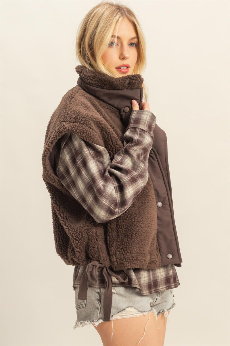 Brown Cozy Sherpa Vest Jacket With Tie-up Side Details