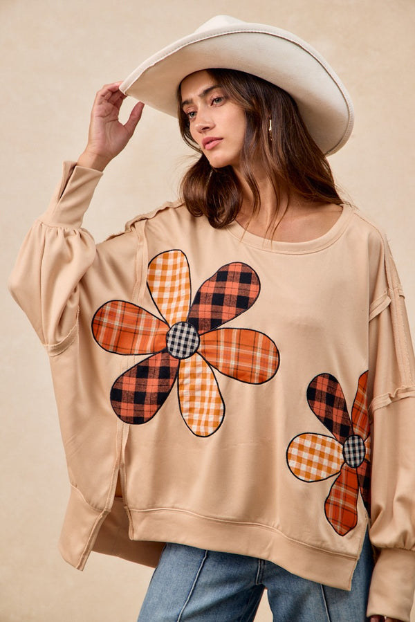 Oatmeal Plaid Mix Flower Patchwork Cut Edge Detail Oversized French Terry Sweater (S-XL available)