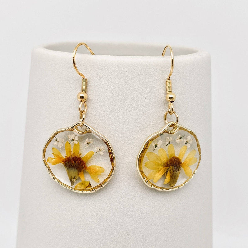 Chrysanthemum Genuine Pressed Dried Flower Dangle Earrings