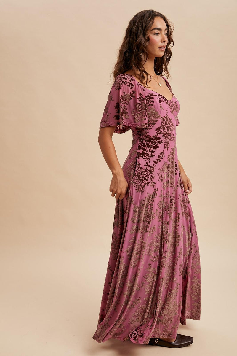 Burnout Velvet Flutter Maxi Dress in Sugar Plum