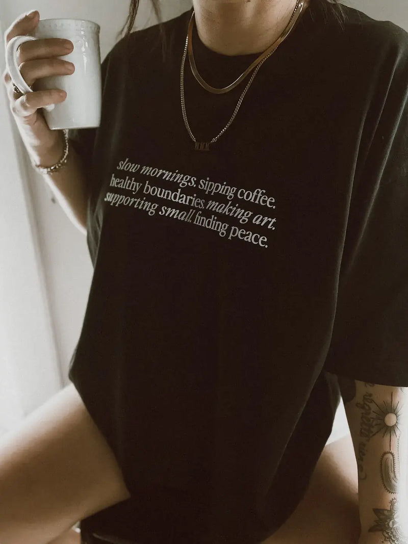 Slow Mornings Trendy Aesthetic Graphic Tee - Black (S-XL)