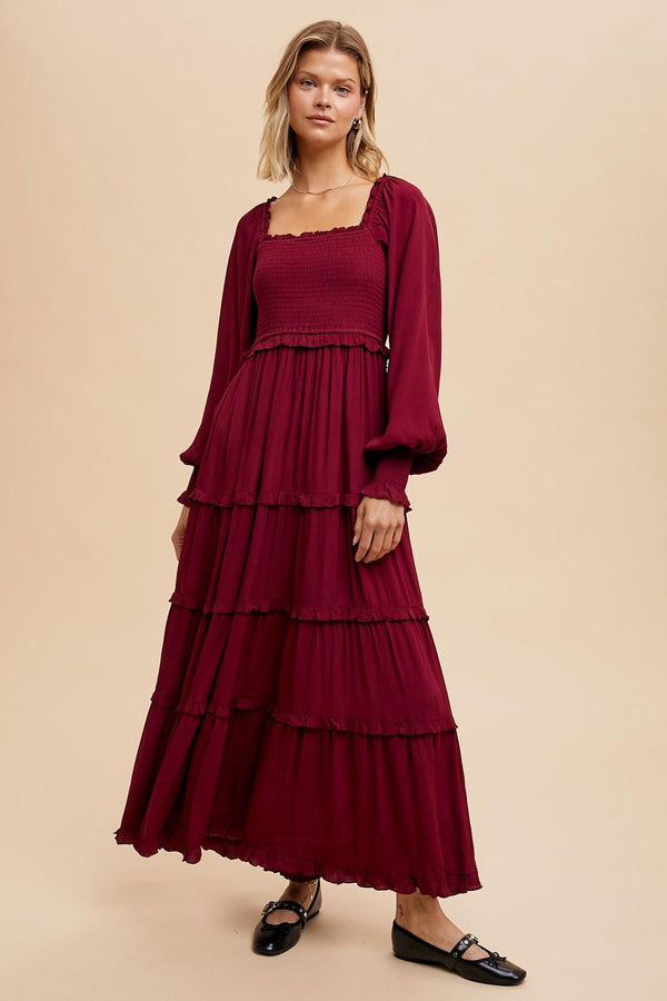 VISCOSE SMOCKED SQUARE NECK TIERED DRESS in Cherry Merlot