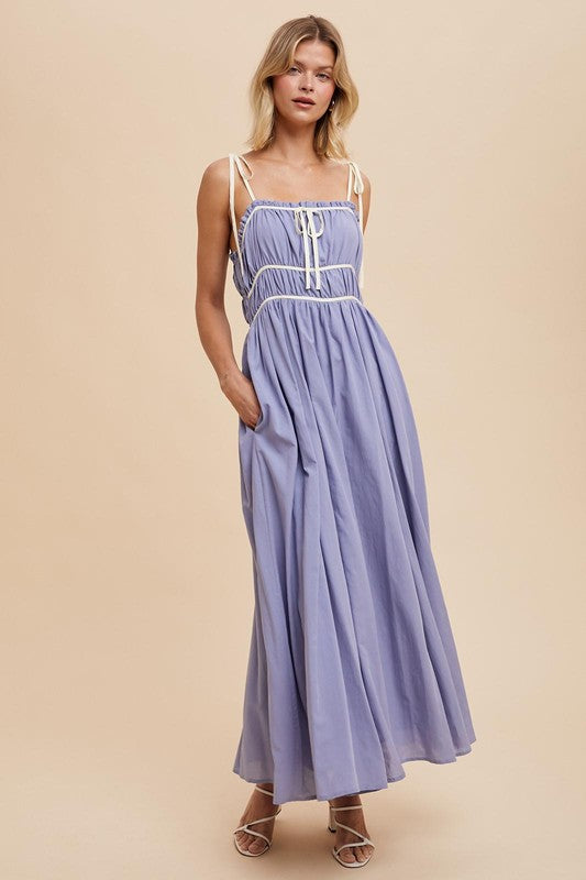 COTTON BLEND CONTRAST TRIM MAXI DRESS- in Eucalyptus- Final Sale