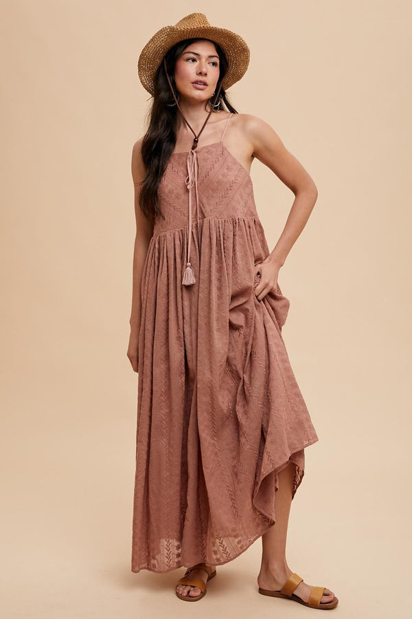 ALL OVER EMBROIDERED MAXI STRAP DRESS in Earthen- Final Sale