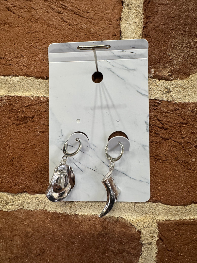 Mix and Match Silver Cowboy Hat and Cowboy Boot Earrings