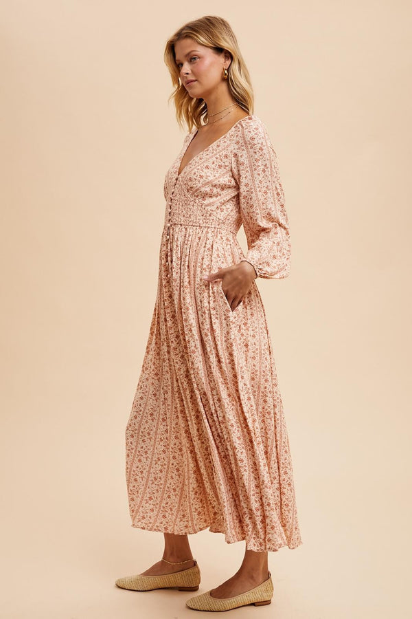 SMOCKED BUTTON DOWN MAXI DRESS