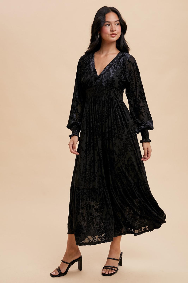 VELVET BURNOUT MAXI DRESS (Black)