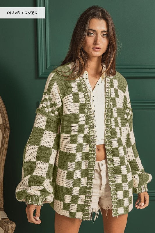 Olive Combo Mixed Check Pattern Loose Fit Chunky Cardigan (S-XL available)