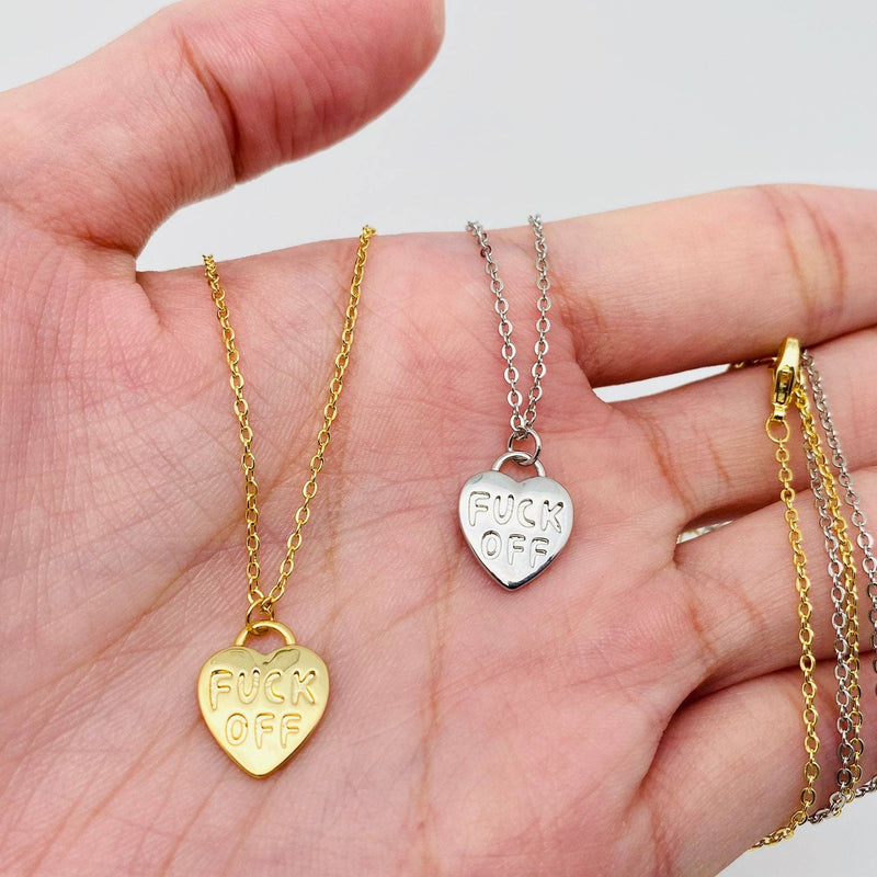 "FUCK OFF" 18K Gold Plated Heart Pendant Necklace: Silver