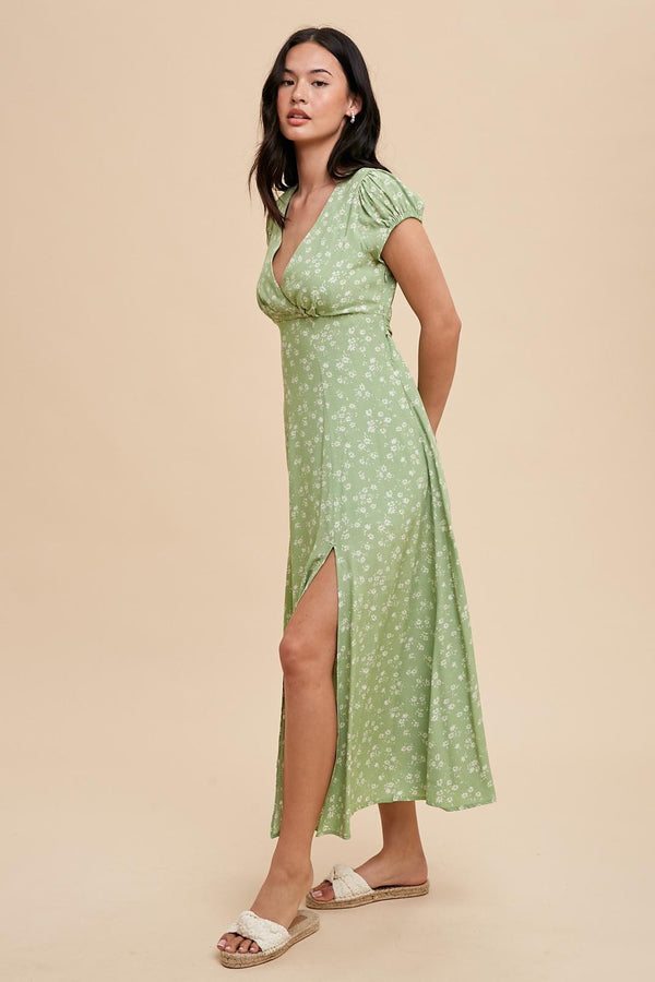 FAUX SURPLICE VISCOSE MAXI DRESS in Fern- Final Sale