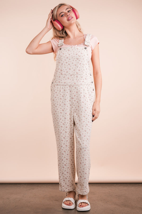 Floral Printed Casual Overall Jumpsuit in Oatmeal