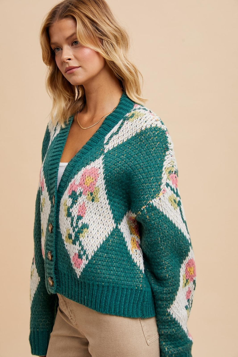 CROPPED CHUNKY FLORAL CARDIGAN (FERN)