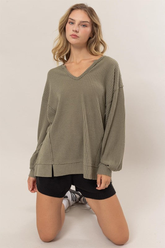 Brushed Waffle Notch Neck Top (Olive Grove)