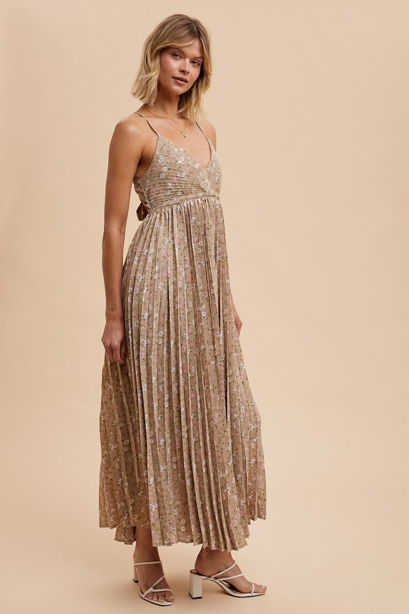 PLEATED FLORAL MAXI DRESS in Natural- Final Sale