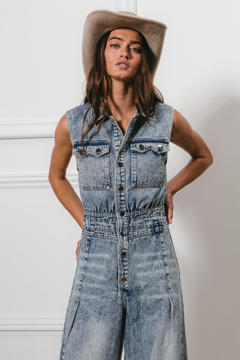 WIDE LEGS WASHED DENIM SLEEVELESS JUMPER (S-XL)