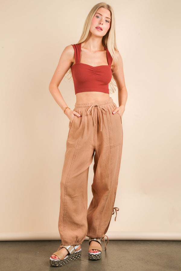 Side Tunnel Harem Pants With Lace Trim Detail in Taupe