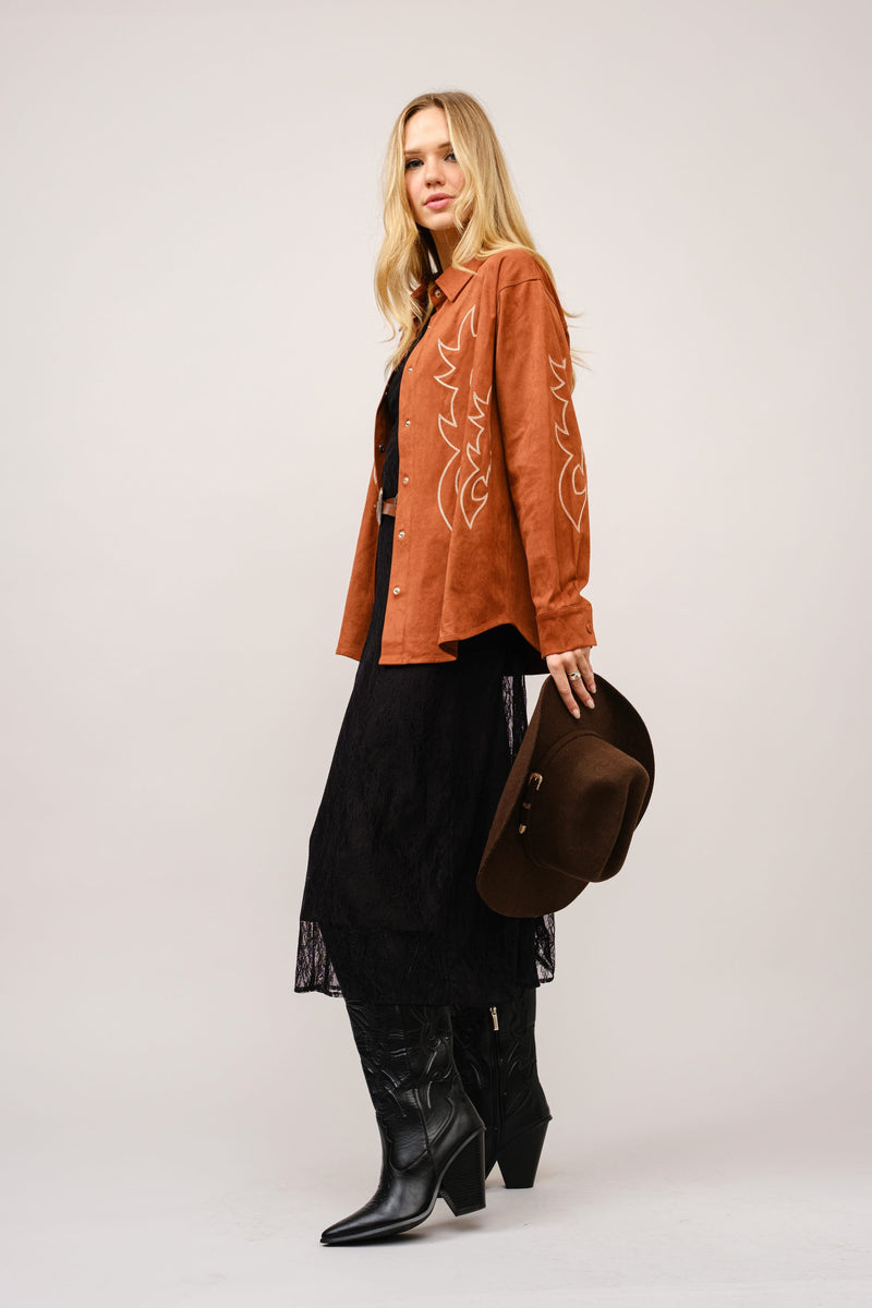 Western Suede Boots Stitch Snap Up Shirt Jacket