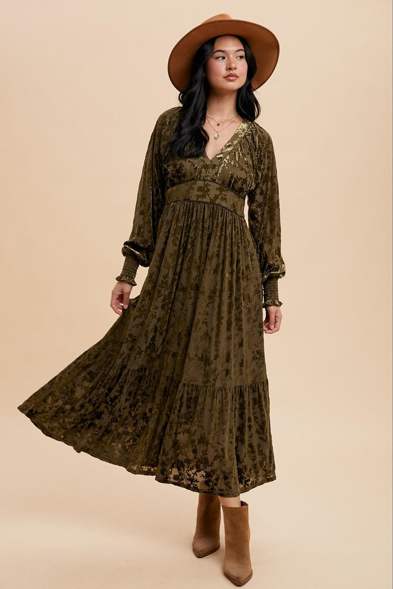 VELVET BURNOUT MAXI DRESS (Olive)