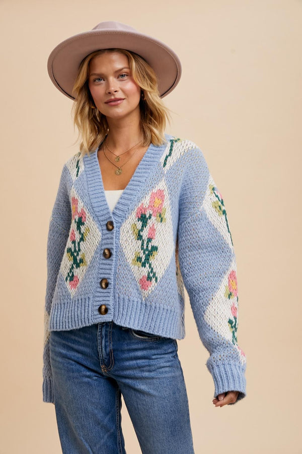 CROPPED CHUNKY FLORAL CARDIGAN (DUSTY BLUE)