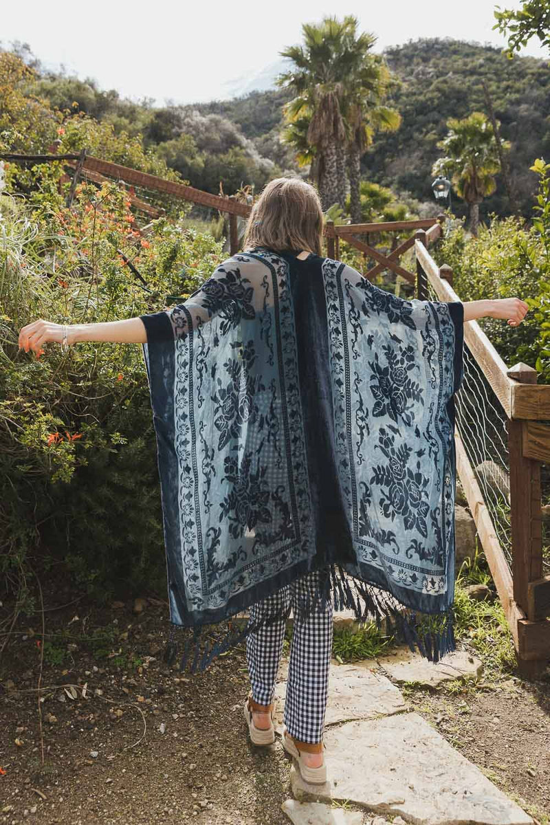 Velvet Mesh Tapestry Tassel Kimono in Blue - One Size
