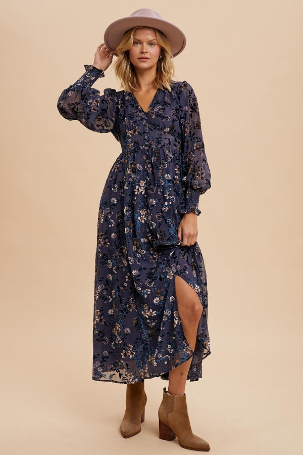 VELVET BURNOUT BUTTON DOWN MAXI DRESS in Slate Blue Floral