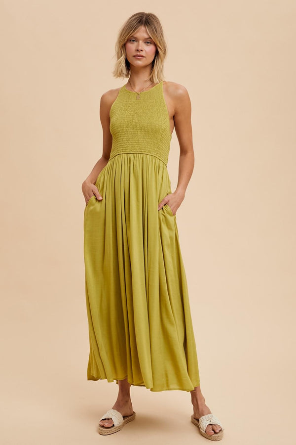 SMOCKED TENCEL MAXI DRESS in Pistachio- Final Sale