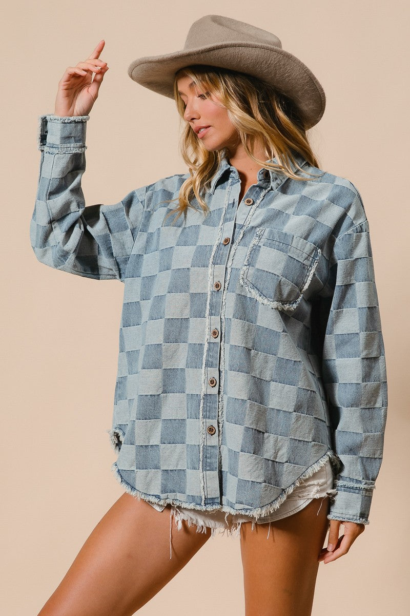 Frayed Edged Detail Washed Checker Denim Shirt (Sizes S-XL available)