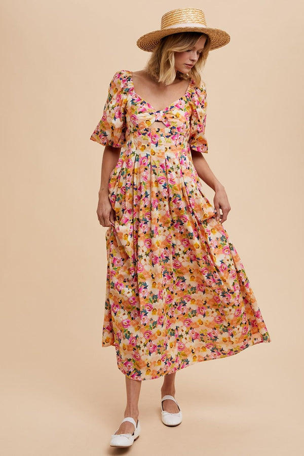 FLORAL COTTON MAXI DRESS in Peony