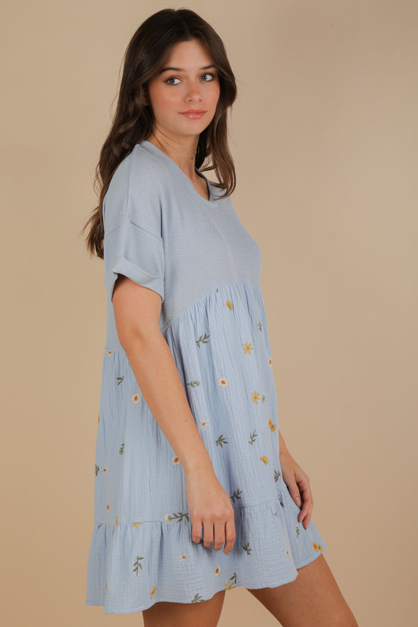 Oversized Floral Embroidered Knit Mini Dress in Sky