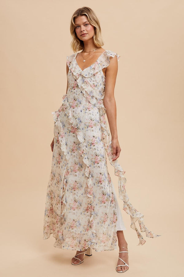 RUFFLED YORU CHIFFON FLORAL DRESS- Final Sale