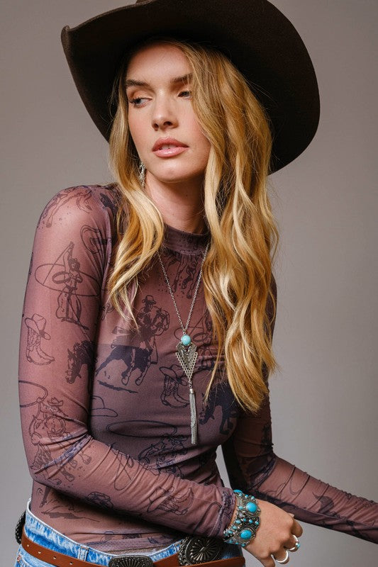Cowgirl Print Mesh Knit Layering Top