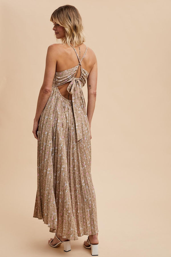 PLEATED FLORAL MAXI DRESS in Natural- Final Sale