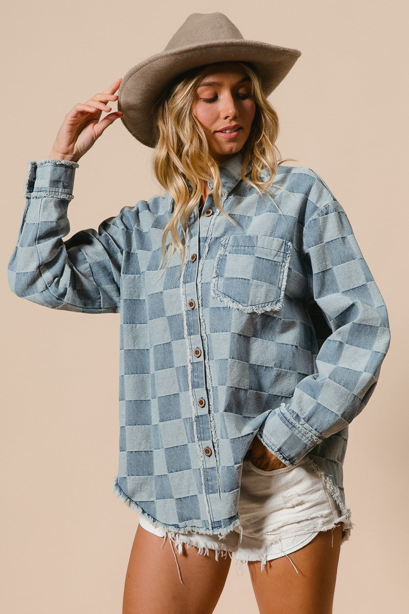 Frayed Edged Detail Washed Checker Denim Shirt (Sizes S-XL available)