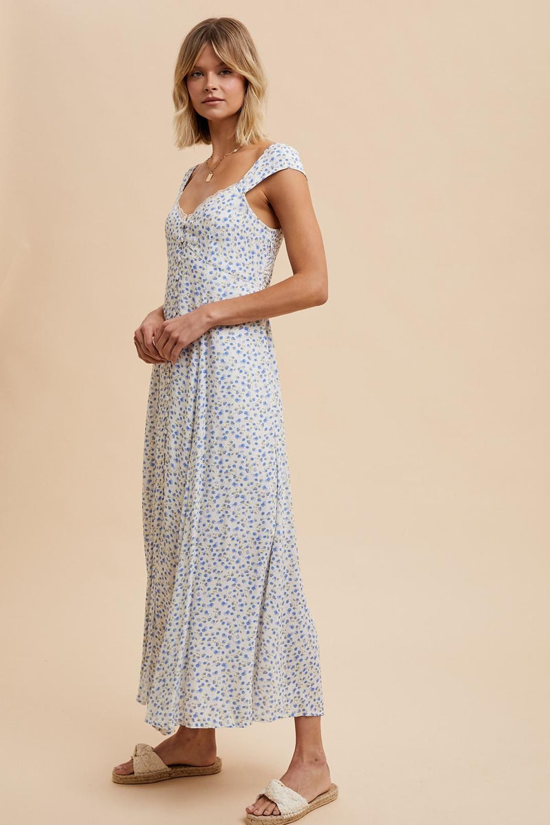 VISCOSE BUTTON DOWN FLORAL DRESS in Blue