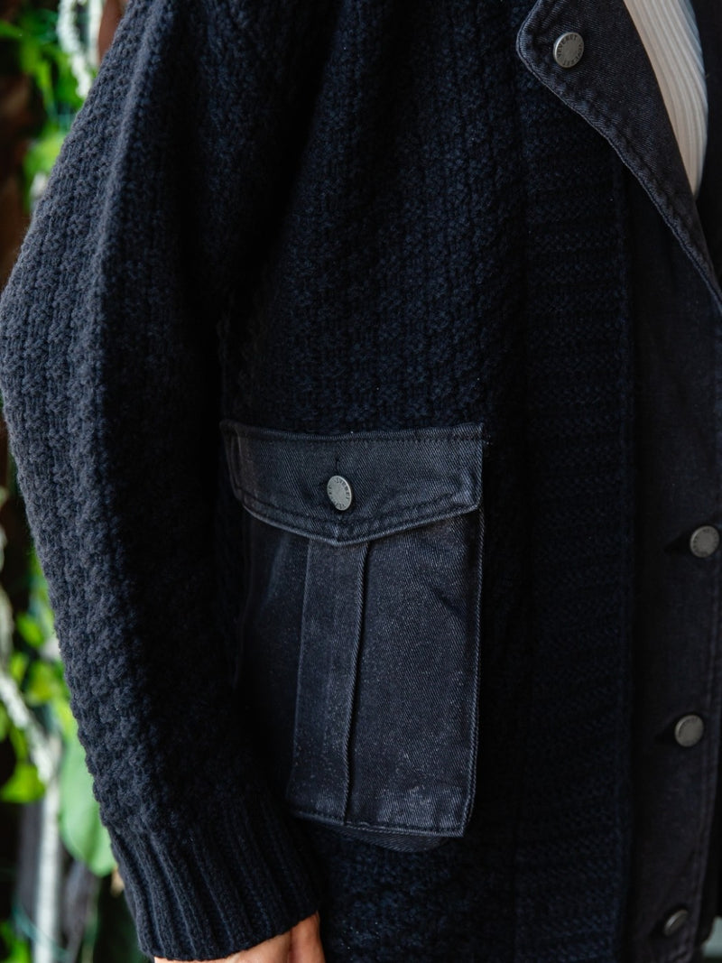 Knit Body Denim Layered Jacket - Black/Grey Denim