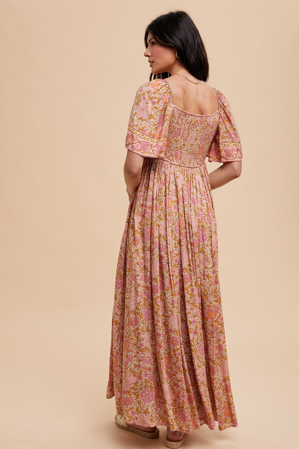 BORDER PRINT FLUTTER SLEEVE MAXI DRESS in Coral