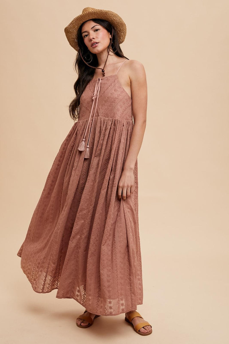 ALL OVER EMBROIDERED MAXI STRAP DRESS in Earthen