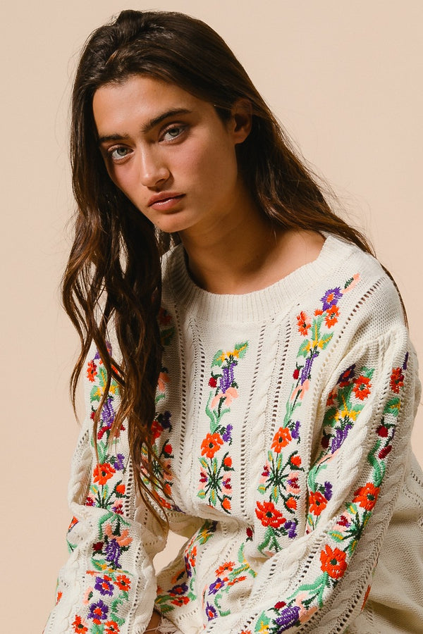 FLOWER EMBROIDERY CABLE TEXTURE SWEATER (S-XL)