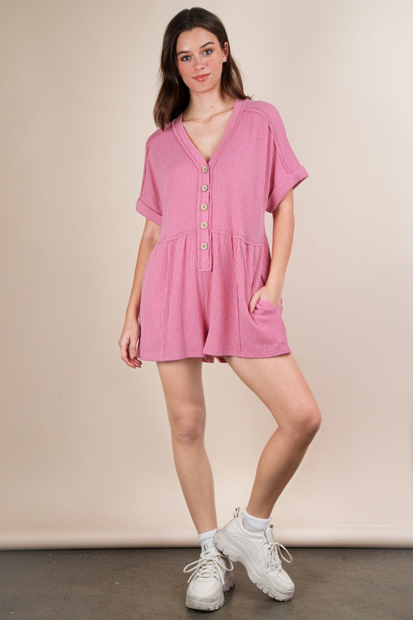 Two Tone Ribbed Knit Comfy Casual Romper in Pink