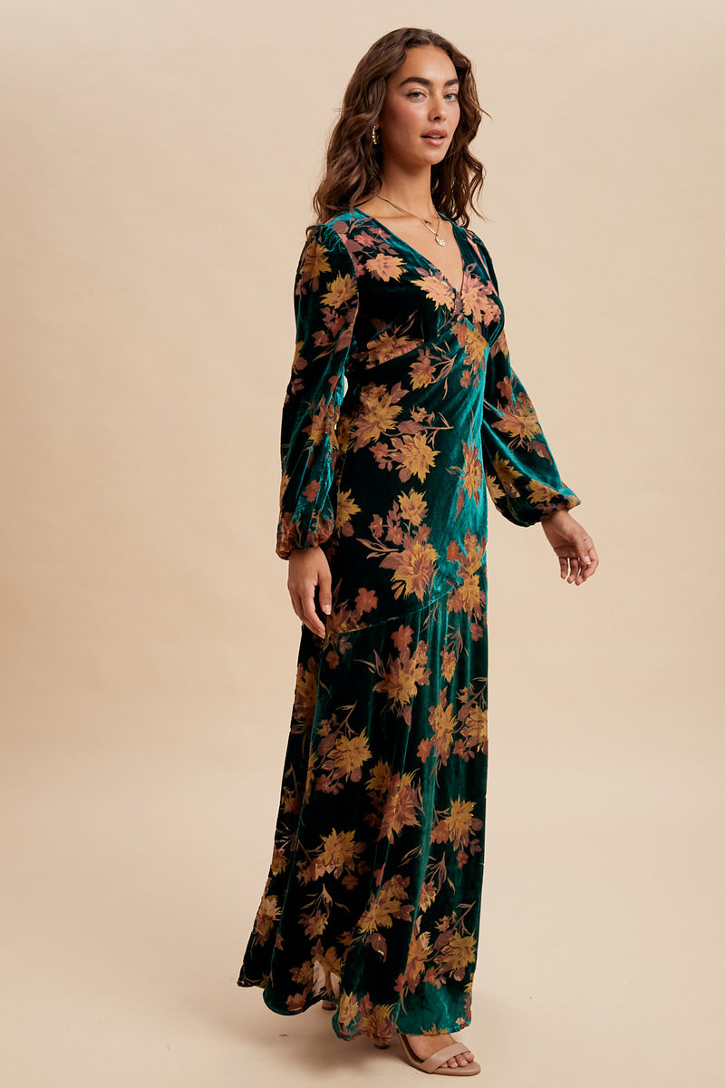 Burnout Velvet Maxi Dress in Emerald Floral