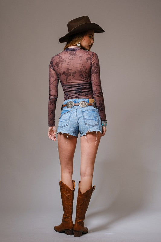 Cowgirl Print Mesh Knit Layering Top
