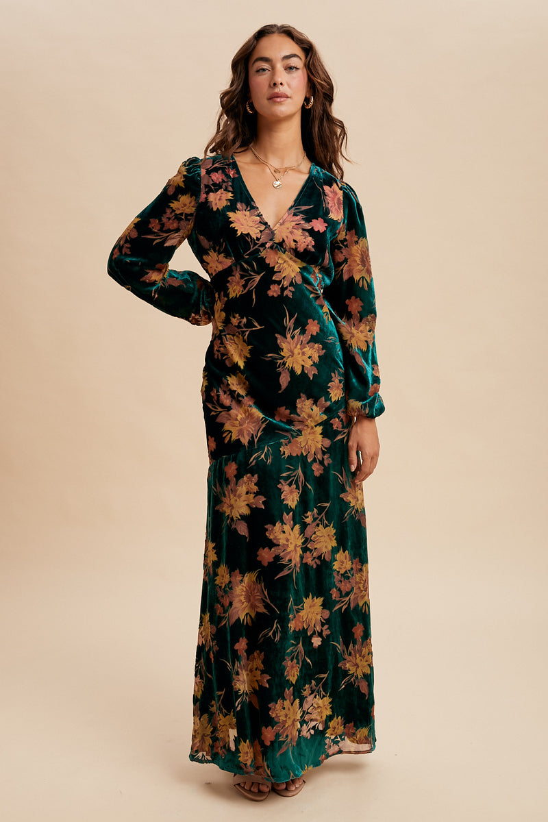 Burnout Velvet Maxi Dress in Emerald Floral
