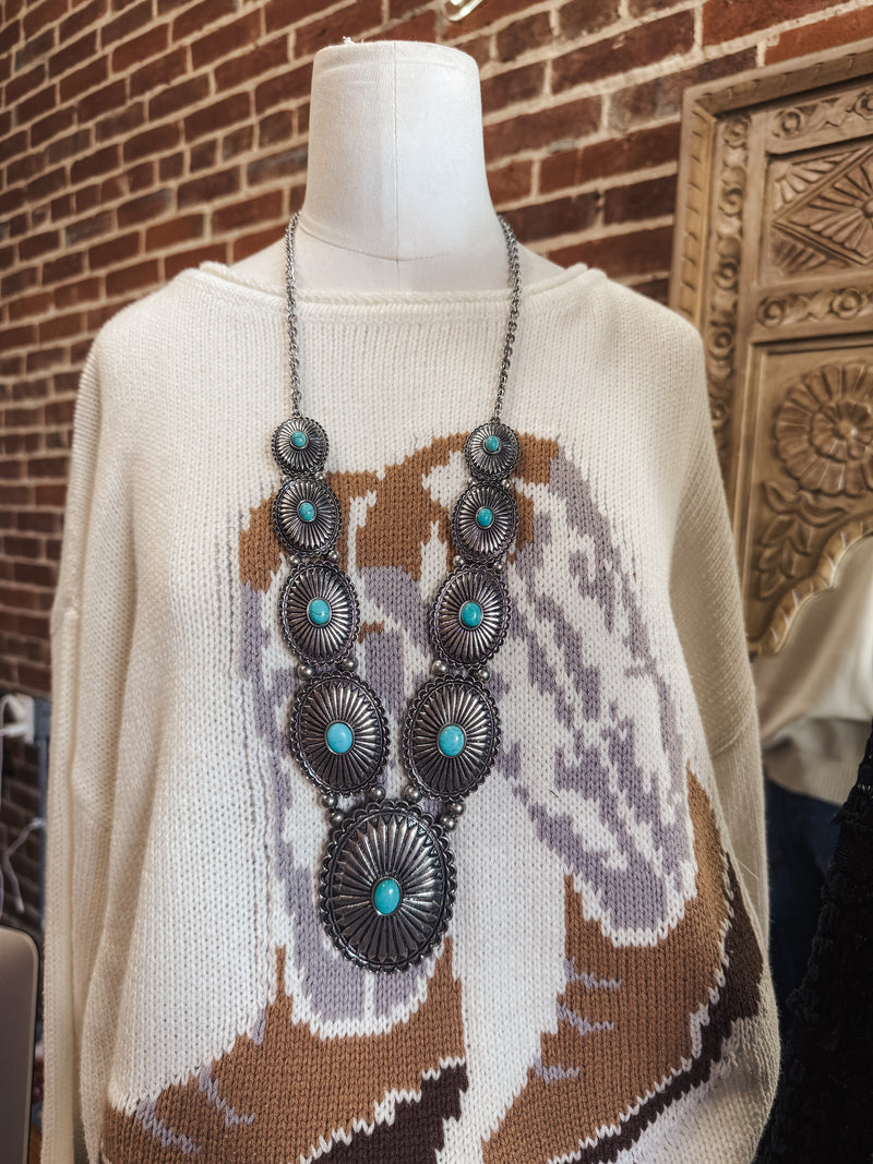 Western Turquoise Concho Necklace + Earrings